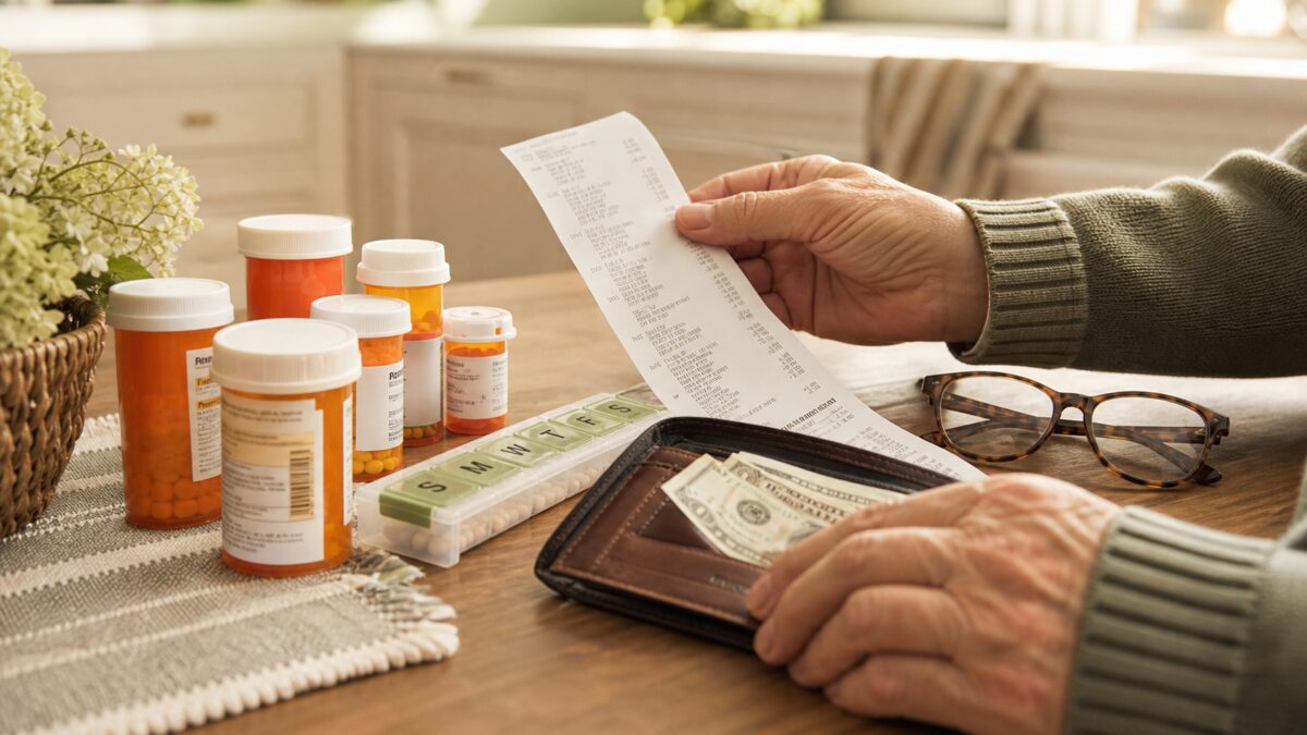 Prescription bottles, receipt, and wallet showing high drug costs